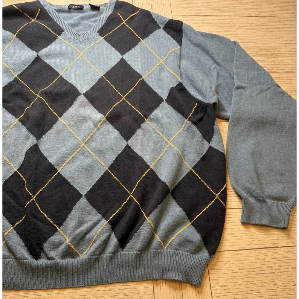 Izod Men's VTG Argyle V Neck 100%Cotton Knit Long Sleeve Blue & Navy Sweater XXL